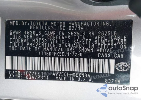 2014 Toyota Camry Hybrid Le z USA, uszkodzony, nr VIN 4T1BD1FK5EU117290